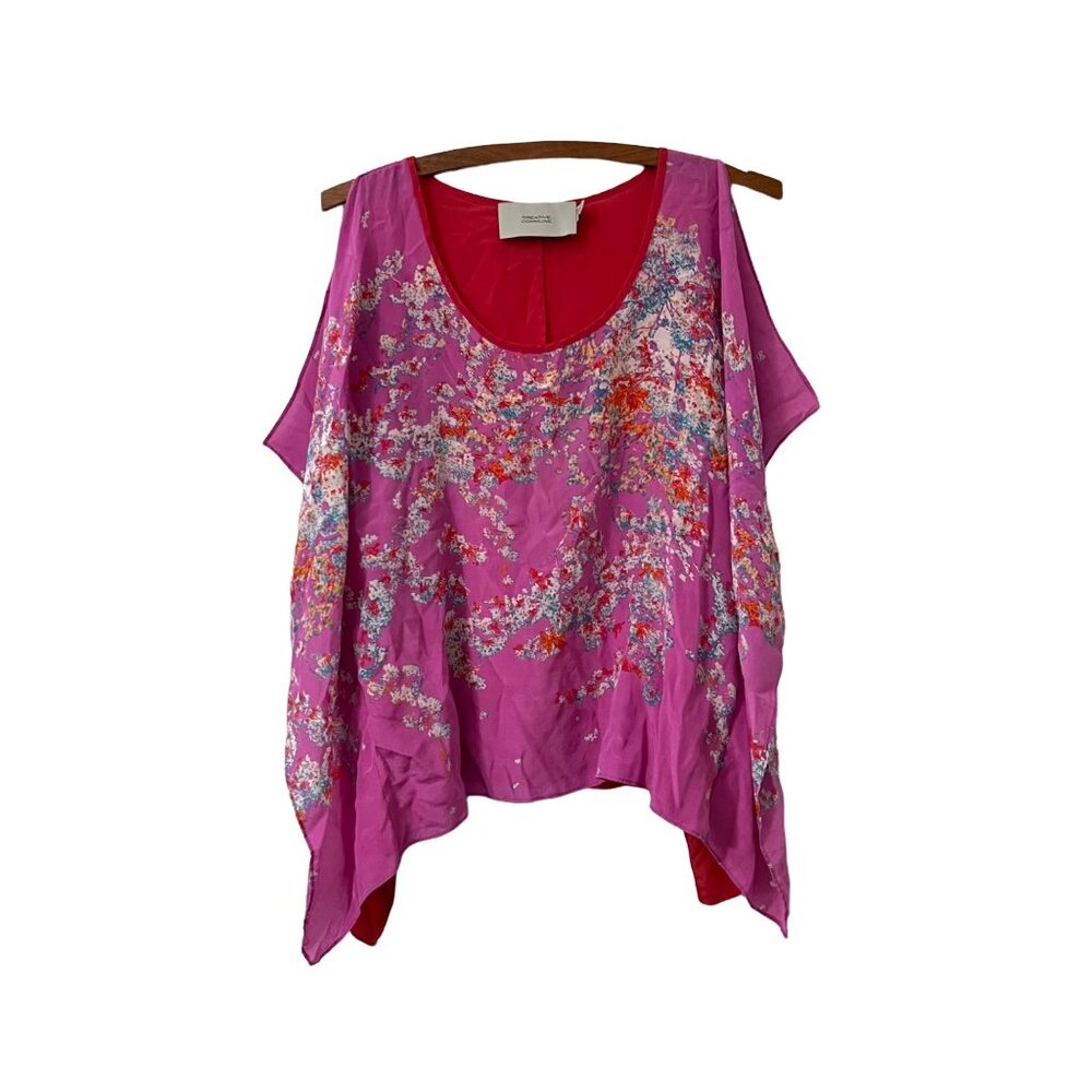 Creative Commune Womens Pink Floral Split Sleeve Bohemian Silk Blouse Size XS